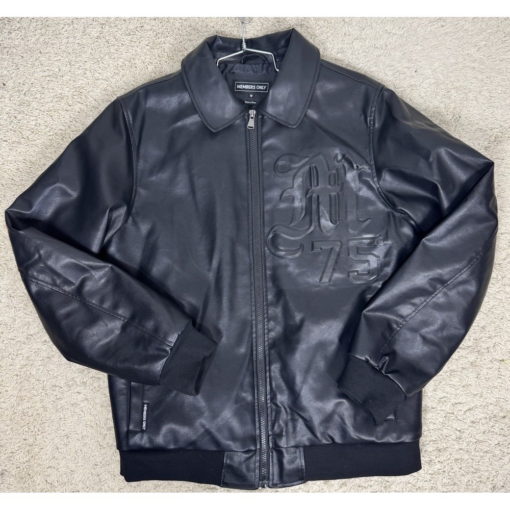 Members Only Mens Black Faux Leather Embossed Varsity Jacket Size M Lined Sporty - Picture 2 of 13
